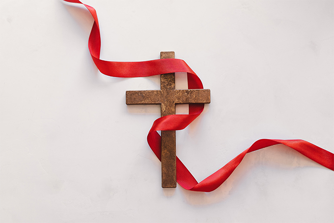 Wooden Cross with Red Ribbon